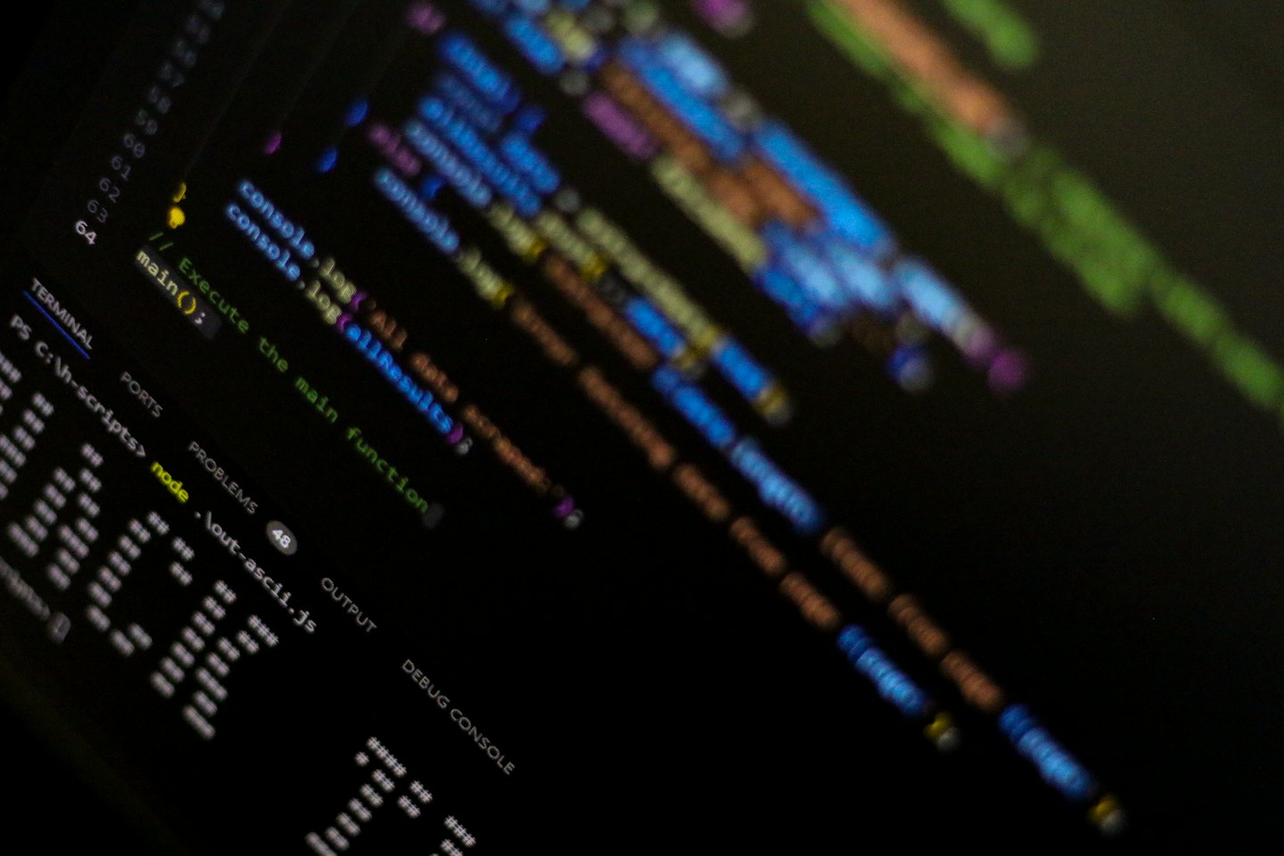Programming code and a terminal window displayed on a monitor.